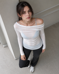 U Neck Sexy Sheer Long Sleeve Blouse