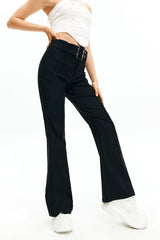 Solid Seam Detail Flared Pants With Belt