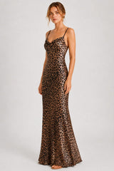 Leopard Cowl Neck Backless Maxi Dress