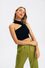 Asymmetrical Neck Solid Sleeveless Crop Top