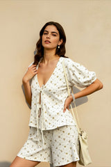 Cotton Printed Puff Sleeve Shorts Vacation Set