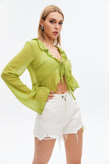 Mesh Ruffle Tie Detail Crop Top