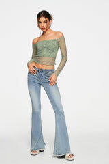 Off Shoulder Cut Out Crochet Splicing Long Sleeve Top