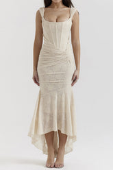 Floral Pattern Asymmetrical Hem Ruched Mermaid Sleeveless Maxi Dress