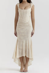 Floral Pattern Asymmetrical Hem Ruched Mermaid Sleeveless Maxi Dress