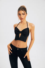 Bow Shape Tie Backless Halter Neck Crop Top