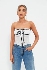 Off Shoulder Colorblock Trim Tie Front Jacquard Corset Top