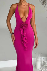 3D Flower Cross Strap Backless V-neck Ruched Maxi Dress