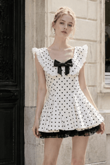 Vintage Polka Dot Bow Collar Ruffled Mini Dress