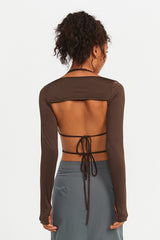 Two Piece Open Back Drawstring Ruched Crop Top