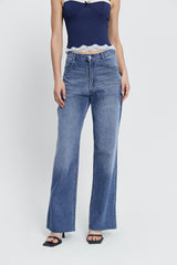Low Waist Dual Pocket Washed Wide Leg Pants