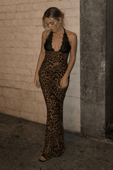Lace Print Deep V Backless Cami Maxi Dress