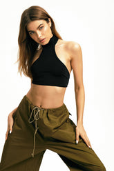 Mock Neck Sleeveless Open Back Tie Crop Top
