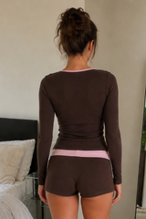 Cross V Neck Contrast Slim Long Sleeve Two Piece Set