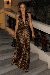 Halter Deep V Backless Leopard Print Tie Maxi Dress