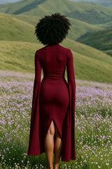 Cape Long Sleeve Back Slit Midi Dress
