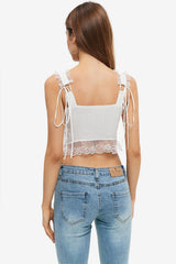 Lace Trim Tie Front Sleeveless Crop Top
