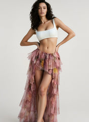 Floral Print Ruffle Irregular Vacation Skirt