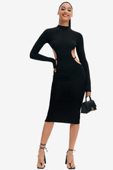 Mock Neck Open Back Split Hem Long Sleeve Midi Dress