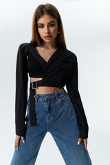 Asymmetrical Neck Long Sleeve Blazer Without Bra