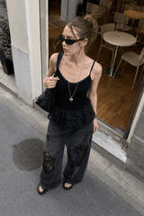 Lace Panel Ripped Wide Leg Jeans
