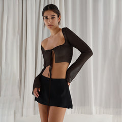 Long Sleeve Ruched Bralette with Sheer Overlay in Black