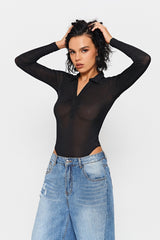 Lapel Neck Half Button Long Sleeve Bodysuit