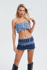 Off Shoulder Washed Distressed Frayed Buckled Decor Crop Top