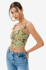 Floral Print Lace Up Asymmetrical Hem Crop Top