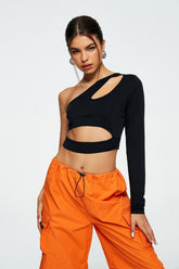 Asymmetrical Neck Cut Out One Sleeve Crop Top
