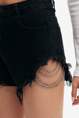 High Waist Frayed Chain Detail Denim Shorts