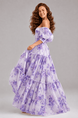 Floral Print Off Shoulder Puff Sleeve Organza Maxi Dress