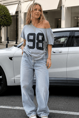 Casual Loose Number Print Off Shoulder Crew T-shirt