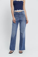Low Waist Dual Pocket Washed Wide Leg Pants