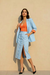 Striped Lapel Long Sleeve Blazer Split Bodycon Two Piece Set