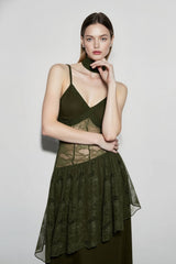 Lace Trim Sheer Waist Tie Cami Maxi Lace Dress