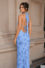 Floral Print Deep V Backless Tie Fitted Chic Maxi Dress