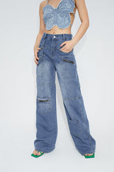 Low Waist Pocket Patched Wide Leg Jeans