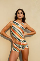 One Shoulder Tie Back Stripe Knit Shorts Vacation Set