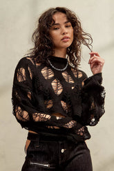 Round Neck Ripped Open Knit Long Sleeve Top