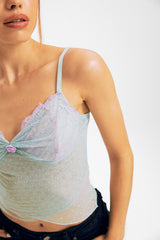 Lace Trim Polka Dot Cross Hem Mesh Crop Top