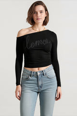 Off Shoulder Rhinestone Fitted T-shirts
