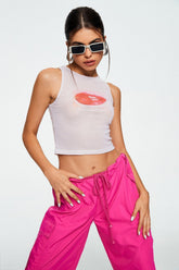 Lips Print Sleeveless Mesh Tank Top