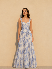 Floral Print Sleeveless Backless Lace-up Floral Dress