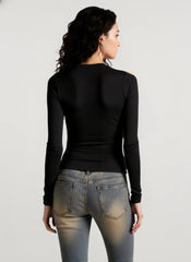 Printed Slim Fitted Crew Neck Cropped Long Sleeve Crop Top