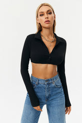 Solid Plunging Neck Button Front Long Sleeve Top