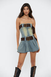 Off Shoulder Belt Decor Washed Denim Mini Dress