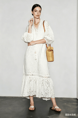 Embroidered Puff Sleeve White Midi Vacation Dress