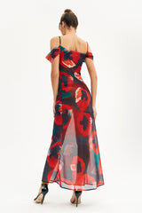 Cold Shoulder Abstract Print Mesh Maxi Dress