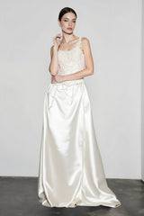 French Strapless Satin Pearl Prom Dress